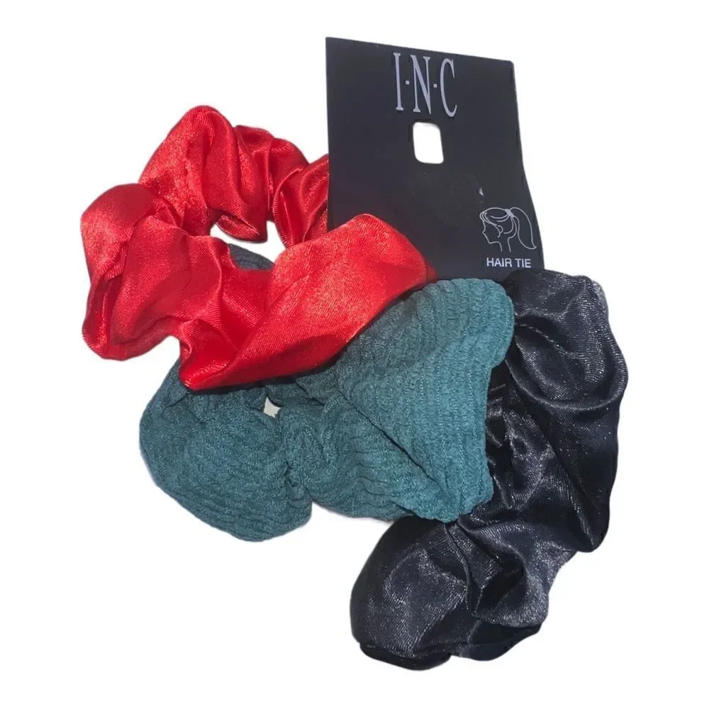 INC International Concepts 3 Piece Red Green Black Hair Scrunchies NWT
